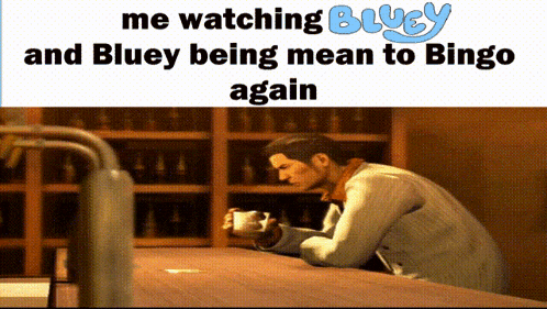 a man sits at a bar watching bluey and bluey mean to bingo again