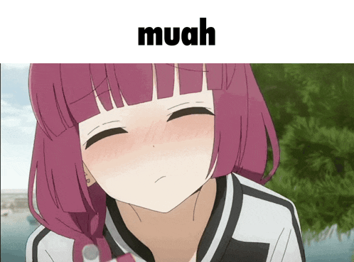 a picture of a girl with purple hair and the word muah below her