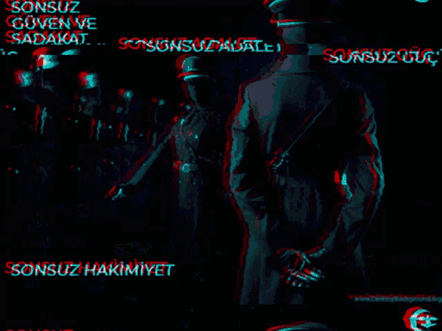 a group of people are standing in a dark room and the words sonsuz hakimiyet are displayed on the screen