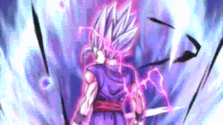 a cartoon character is standing in front of a blue background with a purple lightning bolt coming out of his chest .