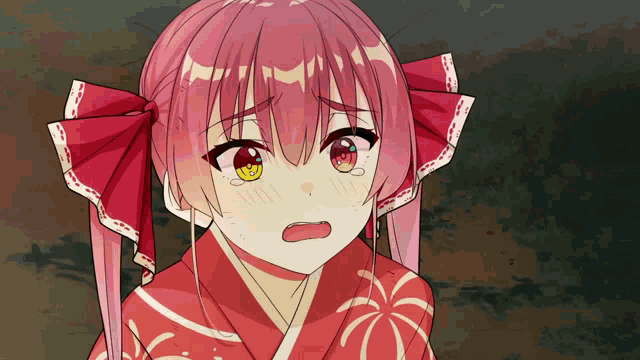 a girl with pink hair is wearing a red kimono and has tears running down her face