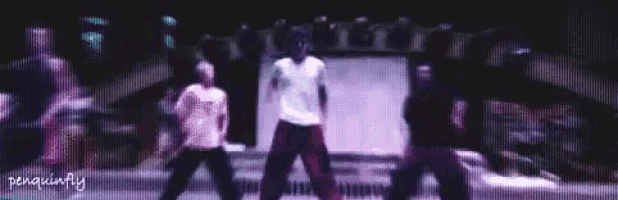 a group of people are dancing on a stage and the words penguinfly are on the bottom