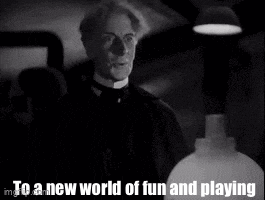 a black and white photo of a man holding a glass with the words to a new world of fun and playing below him