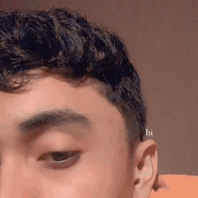 a close up of a person 's face with the word hi visible
