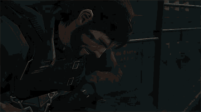 a video game character is holding a bloody knife in his hand