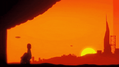 a sunset with a city in the foreground and a few planes in the background