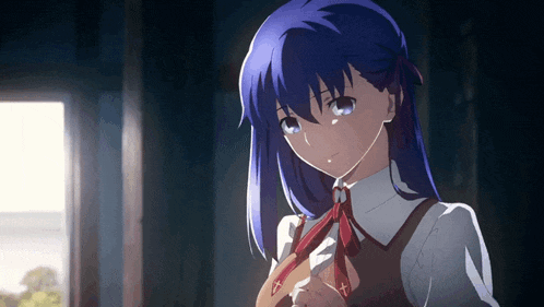a blue haired anime girl with a red tie