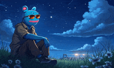 a blue bear with sunglasses is sitting in the grass at night