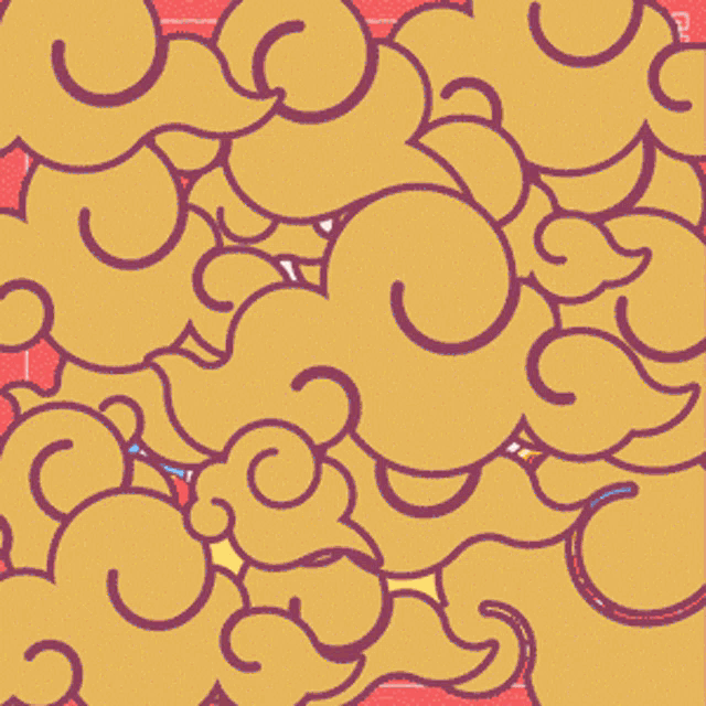a cartoon drawing of a scroll with a yellow ribbon surrounded by clouds