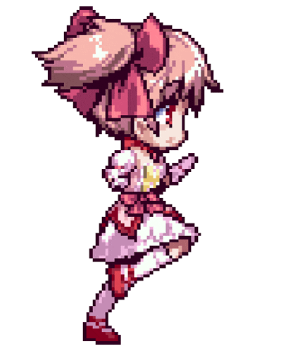 a pixel art drawing of a girl in a pink dress dancing