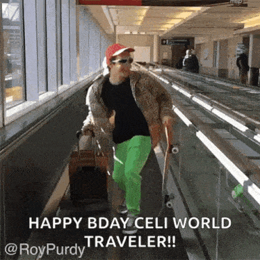 a man with a skateboard is walking down an escalator with the words happy bday celi world traveler