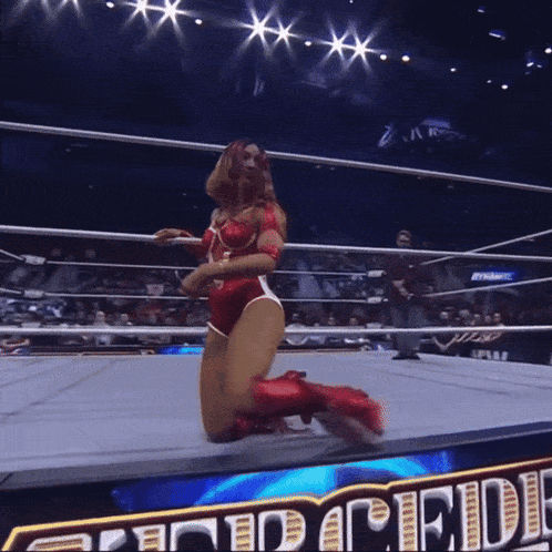 a woman in a red outfit is kneeling in a wrestling ring with a sign that says " world heavyweight championship "