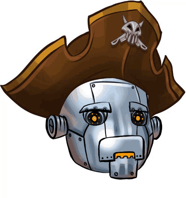 a cartoon drawing of a robot wearing a pirate hat with a skull and crossbones on it