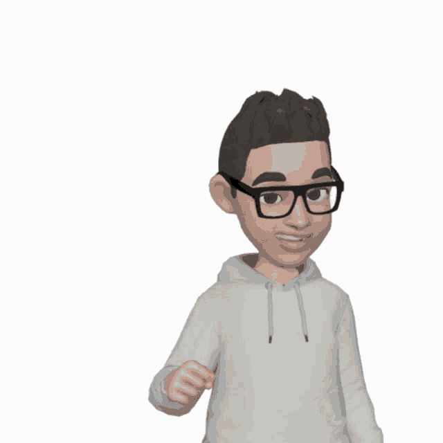 a cartoon character wearing glasses and a white hoodie holds his fist up