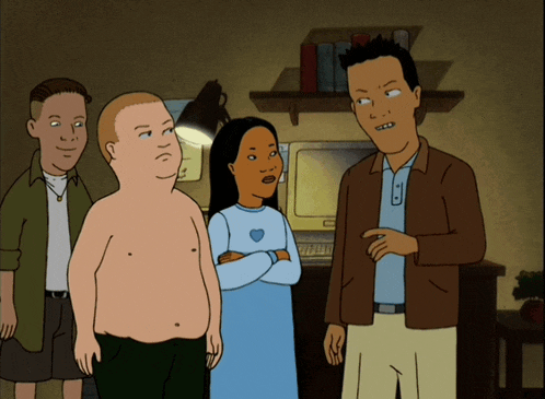 a group of cartoon characters are standing in a room with a computer in the background