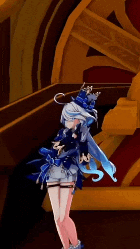 a girl with long white hair and a crown on her head is standing in front of a staircase .