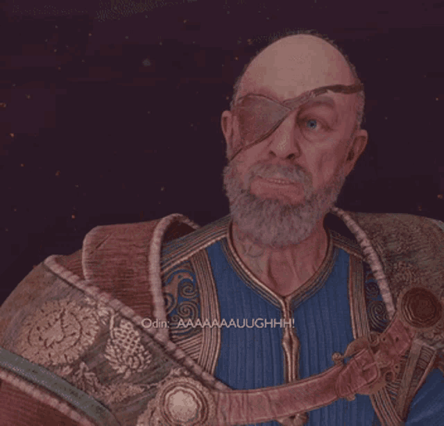 a man with a beard and an eye patch says odin aaa