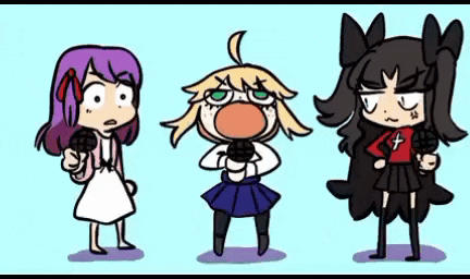 a cartoon of three anime girls standing next to each other .