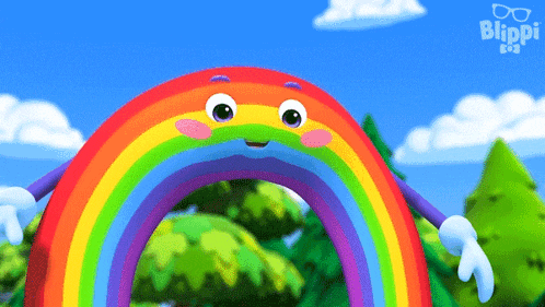 a cartoon rainbow with a face and arms is from the blinki app