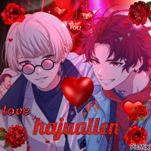 a picture of two anime characters with hearts and roses and the words love hajjallen on the bottom