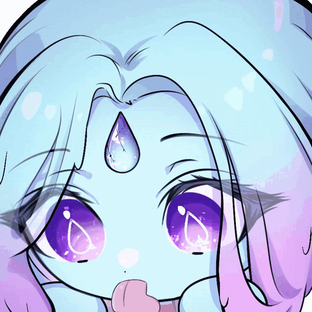 a drawing of a girl with purple eyes and a drop of water on her forehead