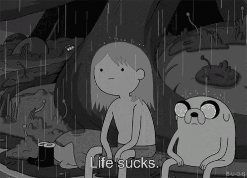 a black and white cartoon shows a girl and a dog sitting in the rain with the words life sucks