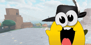 a yellow cartoon character wearing a black hat and a cowboy hat