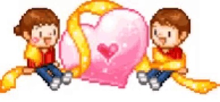 a couple of cartoon characters sitting next to each other with a heart in the middle .