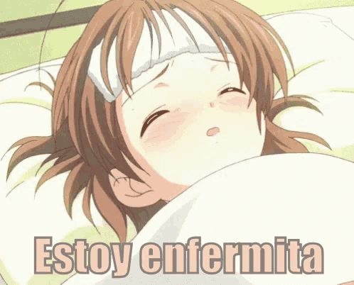 a girl is laying in bed with a bandage on her forehead and the words estoy enfermita written above her