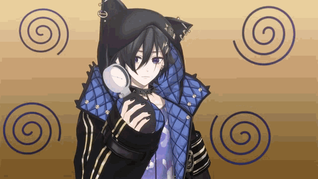 a cartoon character with a cat ear and a magnifying glass
