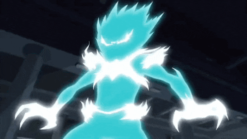 a cartoon character with blue hair and white claws is standing in the dark .