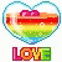a pixel art of a rainbow heart with the word love in the middle .