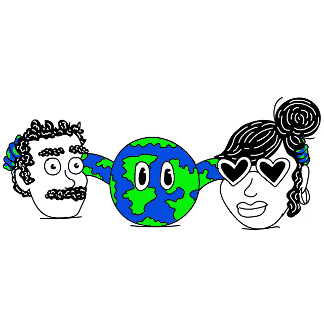 a cartoon drawing of a man and a woman holding the earth