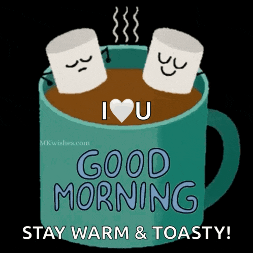 two marshmallows in a cup of hot chocolate saying good morning