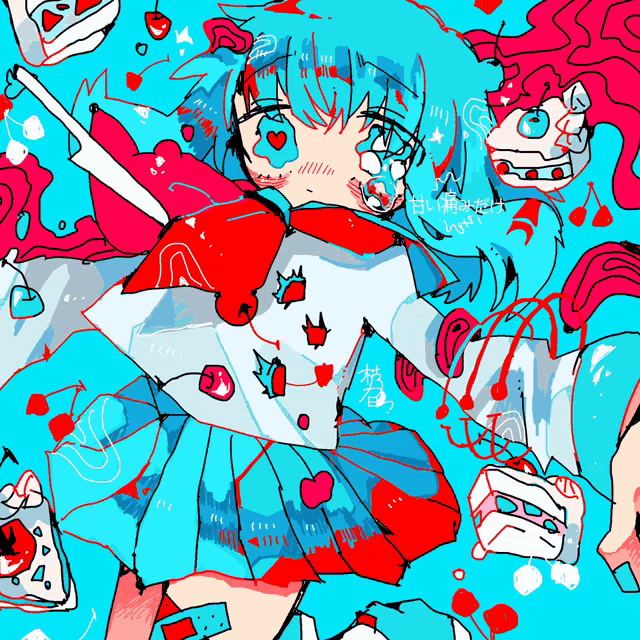 a drawing of a girl with blue hair and red hearts on her face