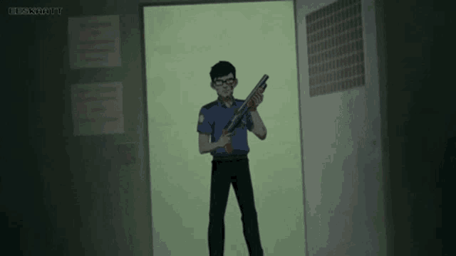 a cartoon of a man holding a shotgun in a doorway .
