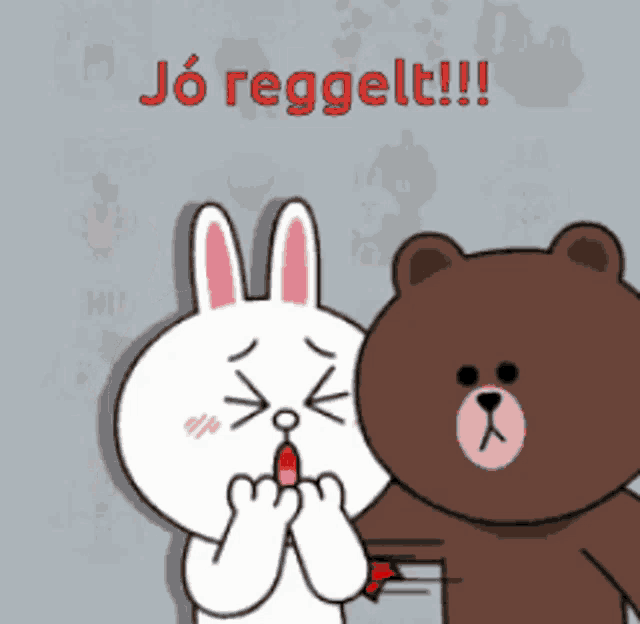 a cartoon of a brown bear and a white rabbit with the words jo reggelt