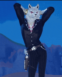 a cartoon character with a furry head is holding a gun in his right hand