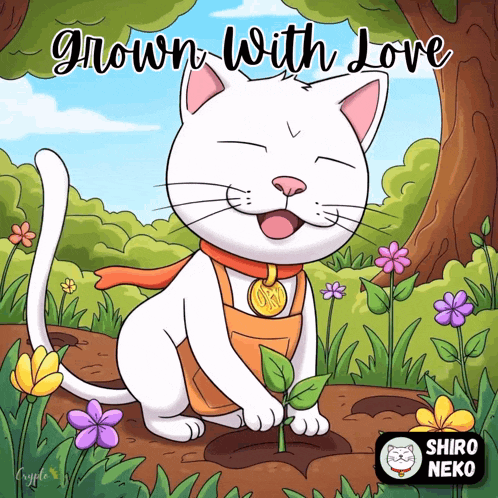 a cartoon of a cat planting flowers with the words grown with love
