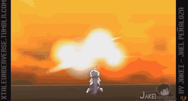 a cartoon of a person kneeling in front of a large explosion with the name jakei animation at the bottom