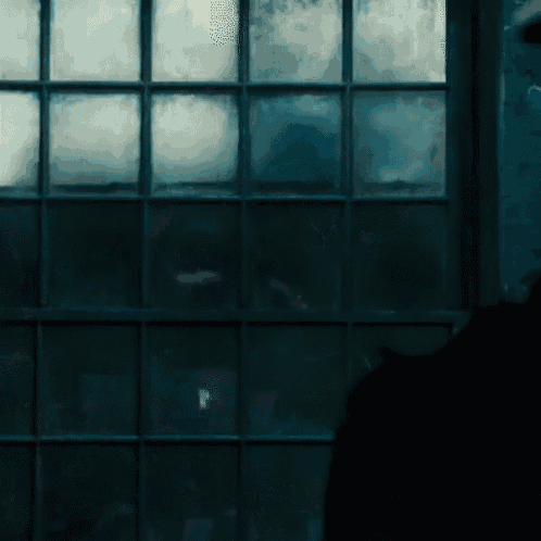 a dark room with a window that has a reflection of a person