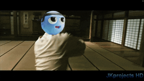 a picture of a man with a blue ball on his head and the words jk projects hd