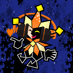 a colorful drawing of a cartoon character with a blue background and stars