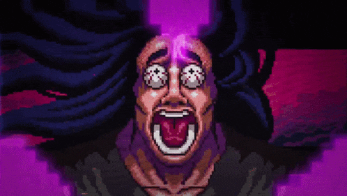 a pixel art of a man with a purple heart surrounding his face