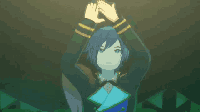 a pixel art of a person with their arms up