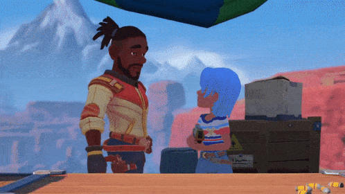 a man and a girl are standing next to each other in a game