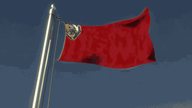 a red flag with a gold emblem on it flies in the wind