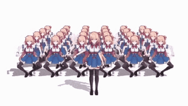 a group of anime girls are dancing together in a row .