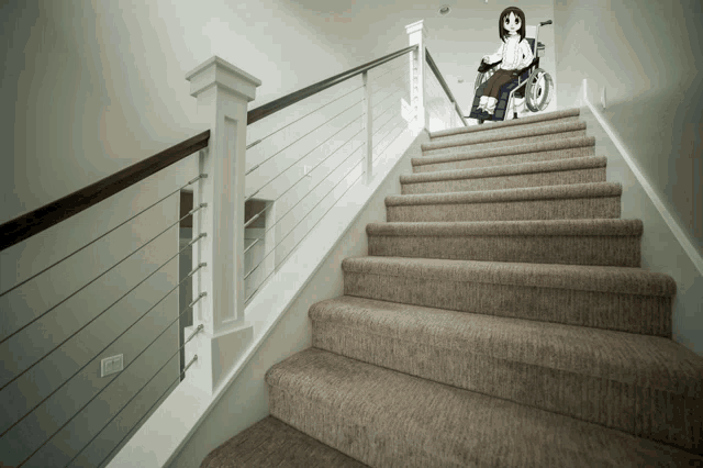 a girl in a wheelchair is going up the stairs