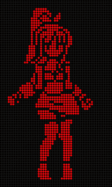 a pixel art of a girl with red dots on her body